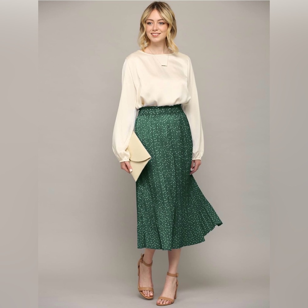 High Waist Polka Dot Pleated Midi Swing Skirt with Pockets -green - Picture 2 of 6